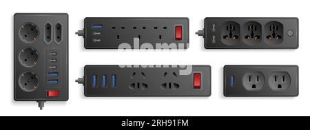 Cordon d'extension électrique réaliste avec ports usb et allumer et éteindre les interrupteurs noir ensemble isolé à l'illustration vectorielle de fond blanc Illustration de Vecteur