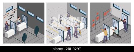 Ensemble de tir avec illustration vectorielle isométrique isolée de symboles de club d'arme à feu Illustration de Vecteur