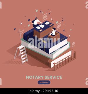 Services notariaux concept isométrique la table avec le notaire travaillant à elle se trouve sur la pile de livres Illustration de Vecteur