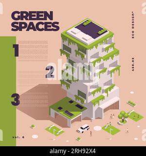 Organigramme isométrique de conception écologique des espaces verts urbains avec grandes descriptions et illustration vectorielle de points Illustration de Vecteur