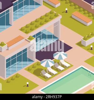 Espaces verts de ville urbaine éco conception composition colorée isométrique avec beau chalet avec des espaces verts et illustration vectorielle de pelouse Illustration de Vecteur