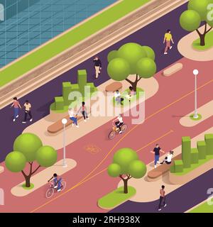 Ville urbaine espaces verts éco conception isométrique composition vert parc avec les gens marchant arbustes arbres et l'illustration vectorielle de piste cyclable Illustration de Vecteur