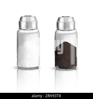 Ensemble réaliste de shaker en verre sel poivre de caves transparentes remplies de sel et poivre avec illustration vectorielle d'ombres Illustration de Vecteur