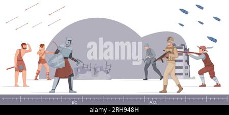 Composition plate de l'histoire de l'évolution de la guerre avec des flèches volantes obus d'artillerie avec des guerriers anciens et des soldats modernes illustration vectorielle Illustration de Vecteur