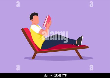 Dessin graphique plat représentant un livre de lecture d'homme incliné dans une chaise longue. Détendez-vous avec le concept de bonne histoire. Lecteur masculin intelligent appréciant literatur Banque D'Images