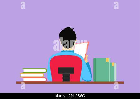 Dessin de style plat de dessin de dessin de dessin de dessin de dessin de jeune homme assis au bureau et livre de lecture dans la bibliothèque. Étudiant intelligent étudiant dur et se préparant à l'examen avec Banque D'Images