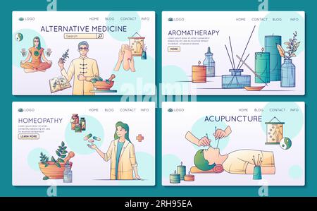 Médecine alternative ligne plate ensemble de quatre pages d'atterrissage de site Web avec des liens d'images et illustration vectorielle de texte Illustration de Vecteur