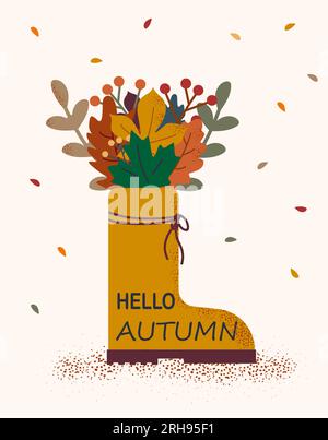 Bonjour, automne. Bouquet de feuilles tombées dans une botte en caoutchouc. Vector .Autumn fond avec des feuilles tombées Illustration de Vecteur