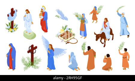 Pâques jésus christ vierge marie ensemble isométrique de caractères bibliques isolés sur fond blanc illustration vectorielle Illustration de Vecteur