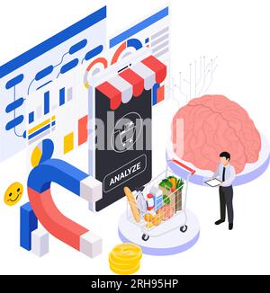 Concept de neuromarketing avec gestionnaire analysant le comportement du client et développant une stratégie d'illustration vectorielle isométrique Illustration de Vecteur