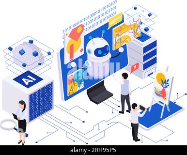Composition isométrique de création de contenu alimentée par l'IA avec des personnages humains et un robot mignon générant de l'art sur l'illustration vectorielle 3d d'écran d'ordinateur Illustration de Vecteur