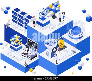 Concept isométrique de création de contenu alimenté par l'IA avec des caractères humains et des éléments d'intelligence artificielle illustration vectorielle Illustration de Vecteur