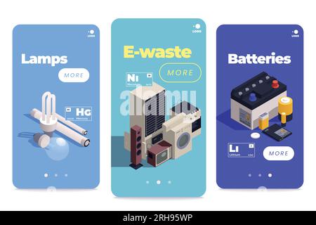 E-gestion des déchets ensemble isométrique de bannières verticales avec lampes batteries appareils ménagers et éléments chimiques illustration vectorielle Illustration de Vecteur