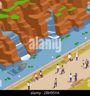 Parc fontaines étangs gazebo composition isométrique avec vue de monument naturel avec cascades et illustration vectorielle de remblai moderne Illustration de Vecteur