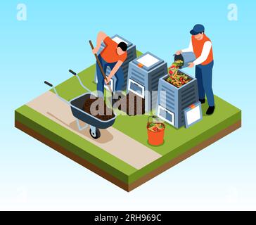 Jardiniers masculins faisant et utilisant le compost 3d isométrique isolé sur fond bleu illustration vectorielle Illustration de Vecteur