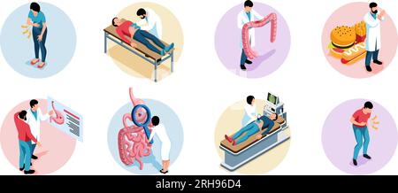 Compositions isométriques de gastroentérologue ensemble avec des patients ayant des symptômes douloureux médecins examinant des personnes organes malsains vecteur isolé illustra Illustration de Vecteur