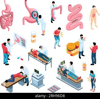 Gastroentérologue isométrique set avec médecins patients et matériel médical illustration vectorielle isolée 3d. Illustration de Vecteur