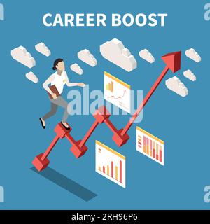Boost de carrière la femme de concept coloré isométrique monte l'illustration vectorielle abstraite de diagramme d'échelle Illustration de Vecteur