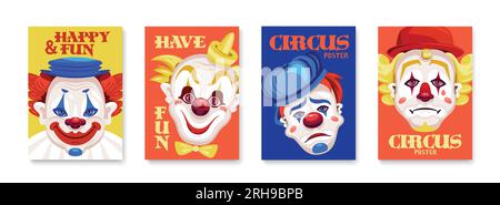Ensemble de quatre affiches verticales isolées avec des têtes de caractères clowns fond solide et illustration vectorielle de texte ornée Illustration de Vecteur