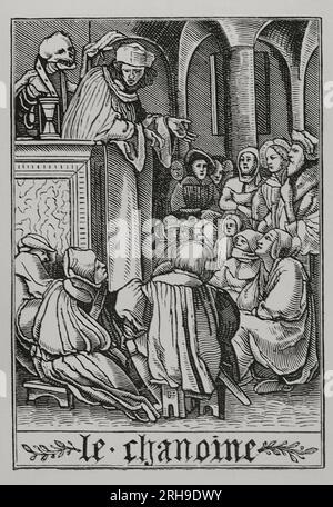 Le prédicateur est visité par la mort. Fac-similé d'une gravure appartenant à la série 'la danse de la mort' de Hans Holbein le Jeune, dans 'les Simulachres et histoires faciées de la mort', 1538. « Vie militaire et religieuse au Moyen Age et à l'époque de la Renaissance ». Paris, 1877. Banque D'Images