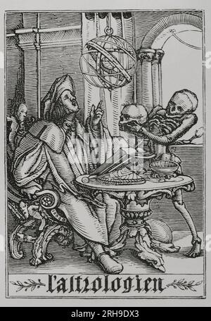 L'astrologue. Profession qui prévoit la mort mais qui en est surprise. Fac-similé d'une gravure appartenant à la série 'la danse de la mort' de Hans Holbein le Jeune, dans 'les Simulachres et histoires faciées de la mort', 1538. « Vie militaire et religieuse au Moyen Age et à l'époque de la Renaissance ». Paris, 1877. Banque D'Images