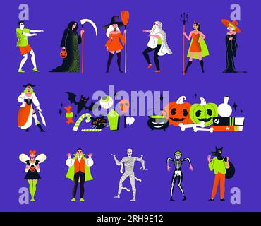 Ensemble plat d'attributs d'halloween et de personnes portant des costumes de couleur effrayants isolés sur l'illustration vectorielle de fond bleu Illustration de Vecteur