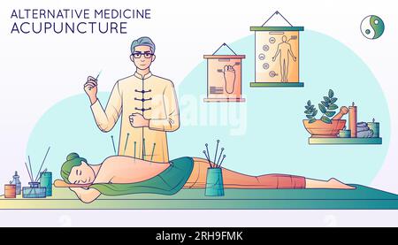 Composition de ligne plate de médecine alternative avec le texte et la vue du patient et spécialiste de la guérison insérant des aiguilles illustration vectorielle Illustration de Vecteur
