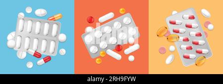 Capsules de pilules réalistes ensemble de trois compositions carrées avec des grappes de médicaments et des ampoules argentées illustration vectorielle Illustration de Vecteur