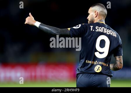 Torino, Italie. 14 août 2023. Antonio Sanabria du Torino FC fait des gestes lors du match Coppa Italia Round of 32 entre le Torino FC et le Feralpisalo au Stadio Olimpico Grande Torino le 14 août 2023 à Turin, en Italie. Crédit : Marco Canoniero/Alamy Live News Banque D'Images