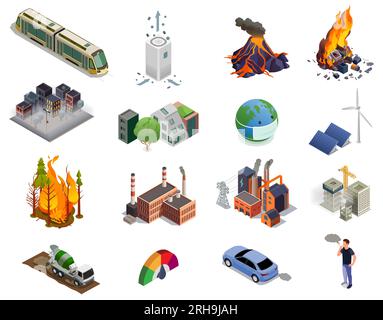 Pollution de l'air par les usines gaz d'échappement catastrophes naturelles icônes isométriques définir l'illustration vectorielle isolée Illustration de Vecteur