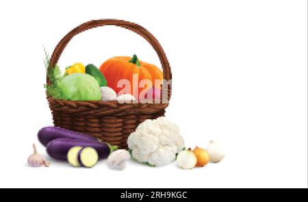 Fruits et légumes dans le panier composition réaliste avec des verts mûrs à l'intérieur et à l'extérieur de l'illustration vectorielle du panier en osier Illustration de Vecteur