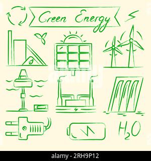 Collection d'icônes de style dessinées à la main à énergie renouvelable. Différents types de symboles de sources d'électricité écologiques. Illustration de Vecteur