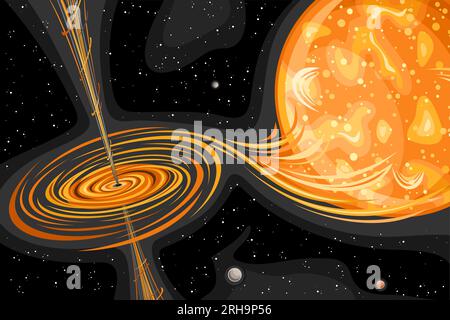 Illustration vectorielle de Black Hole, affiche horizontale futuriste avec trou noir tourbillon absorbant l'étoile chaude orange supermassive dans l'espace profond, décoratif Illustration de Vecteur