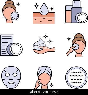 Jeu d'icônes de démaquillage et de soins de la peau. Style plat simple. Visage, beauté, santé, femme, en bonne santé, masque, propre, frais, fille, concept de nettoyage. Vecteur i Illustration de Vecteur