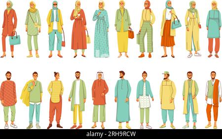 Ensemble de couleurs plates de vêtements musulmans d'hommes et de femmes dans l'illustration vectorielle isolée de vêtements nationaux à la mode moderne Illustration de Vecteur