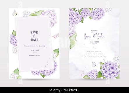 Ensemble de cartes d'invitation à l'aquarelle pastel avec des fleurs d'hortensia violettes, décorées de papillons et de textures de taches. Vector parfait pour un mariage Illustration de Vecteur