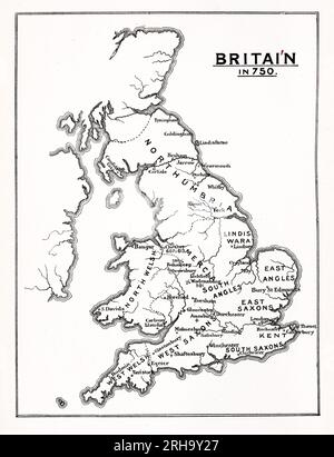 Carte de la Bretagne en 750 ce montrant les royaumes anglo-saxons des Gallois occidentaux, Gallois septentrionaux, Saxons occidentaux (Wessex), Saxons méridionaux, Kent, East Anglia, Mercie, South angles, Lindiswara et Northumbrie. De Lives of the Saints de Sabin Baring-Gould. Banque D'Images