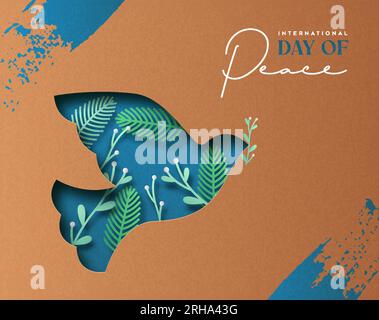Illustration de carte vecteur journée internationale de la paix de l'animal d'oiseau de colombe coupé en papier 3d avec décoration de feuille de pin découpée à l'intérieur et branche d'olivier. GR Illustration de Vecteur