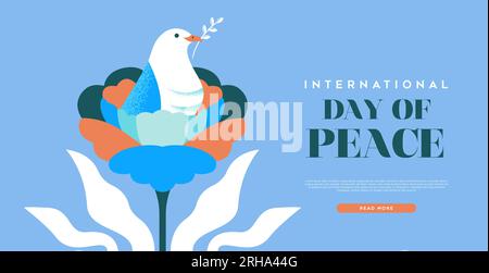 Journée internationale de la paix illustration vectorielle de modèle Web de bel oiseau colombe blanc à l'intérieur de fleur rose colorée. Design graphique pour célébrer le Illustration de Vecteur
