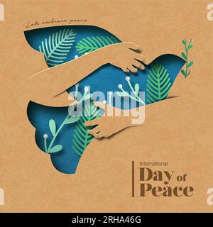 Journée internationale de la paix papier coupe carte vectorielle illustration des bras humains embrassant l'animal d'oiseau de colombe. Concept de conception graphique pour célébrer les idéaux Illustration de Vecteur