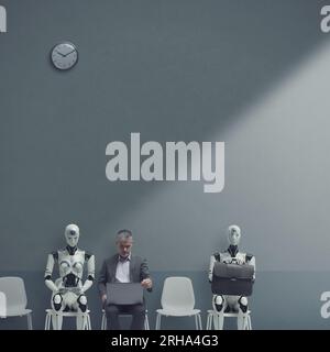 Homme et robots IA en attente d'un entretien d'embauche dans un bureau d'entreprise, le recrutement et le concept de travail Banque D'Images