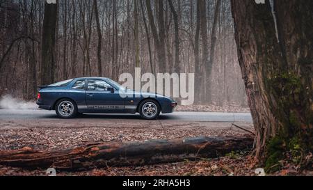 Porsche 944 bleu foncé dans la forêt d'automne. Vue de profil latérale de la voiture de sport des années 1980. Banque D'Images