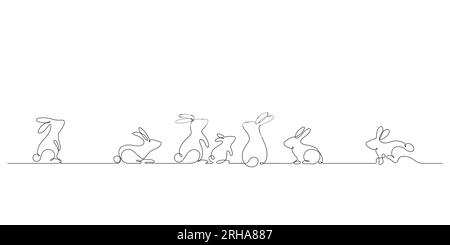 famille de lapin célébrer le festival de mi-automne ensemble dans un style minimaliste de dessin de ligne Illustration de Vecteur