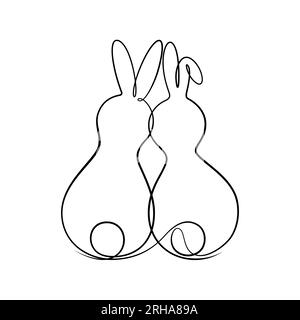 couple lapin penché contre l'unité dans un style de calligraphie de dessin de ligne. pour fête de la mi-automne et pâques et décoration d'événement romantique Illustration de Vecteur