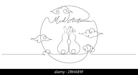 couple de lapins célèbrent le festival de mi-automne dans une illustration vectorielle de dessin au trait Illustration de Vecteur