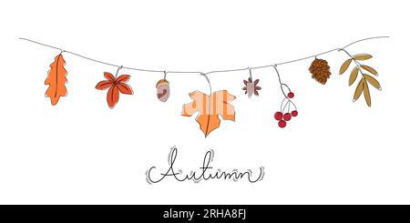 dessin au trait continu coloré des feuilles d'automne bonjour concept d'automne minimaliste mur décoré corde suspendu Illustration de Vecteur