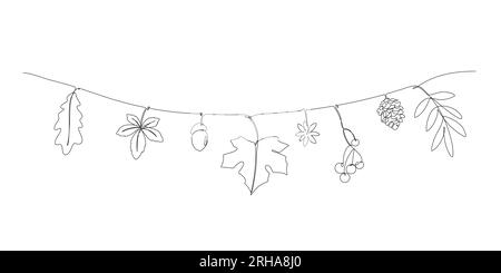 un dessin au trait des feuilles d'automne hello automne concept minimaliste mur décoré corde suspendu Illustration de Vecteur