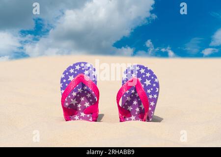 Pantoufles reposent dans le sable sur la plage contre le ciel bleu. Vacances d'été, voyage et concept de tourisme. Repos estival. Fêtes de fin d'année Banque D'Images
