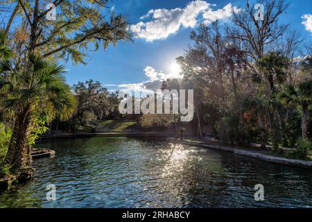 Magnifique parc d'État de Wekiwa Springs, lac et forêt tropicale au coucher du soleil à Orlando, Floride. Banque D'Images