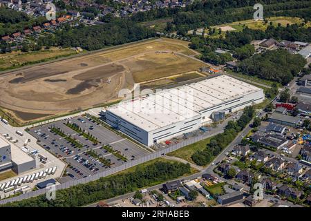 Vue aérienne, chantier de construction de l'entrepôt e-food Picnic à côté du centre logistique de l'entrepôt central d'Edeka sur l'autoroute A3, Waldteich, Schwarrze He Banque D'Images